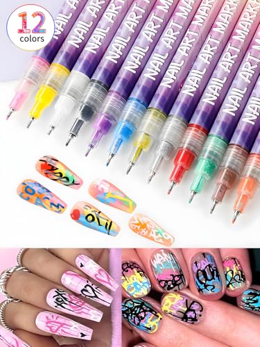 3D Nail Art Pens Set | 12 Vibrant Colors Fine Tip 0.5mm | Quick-Dry Liner & Dotting Tools for Home