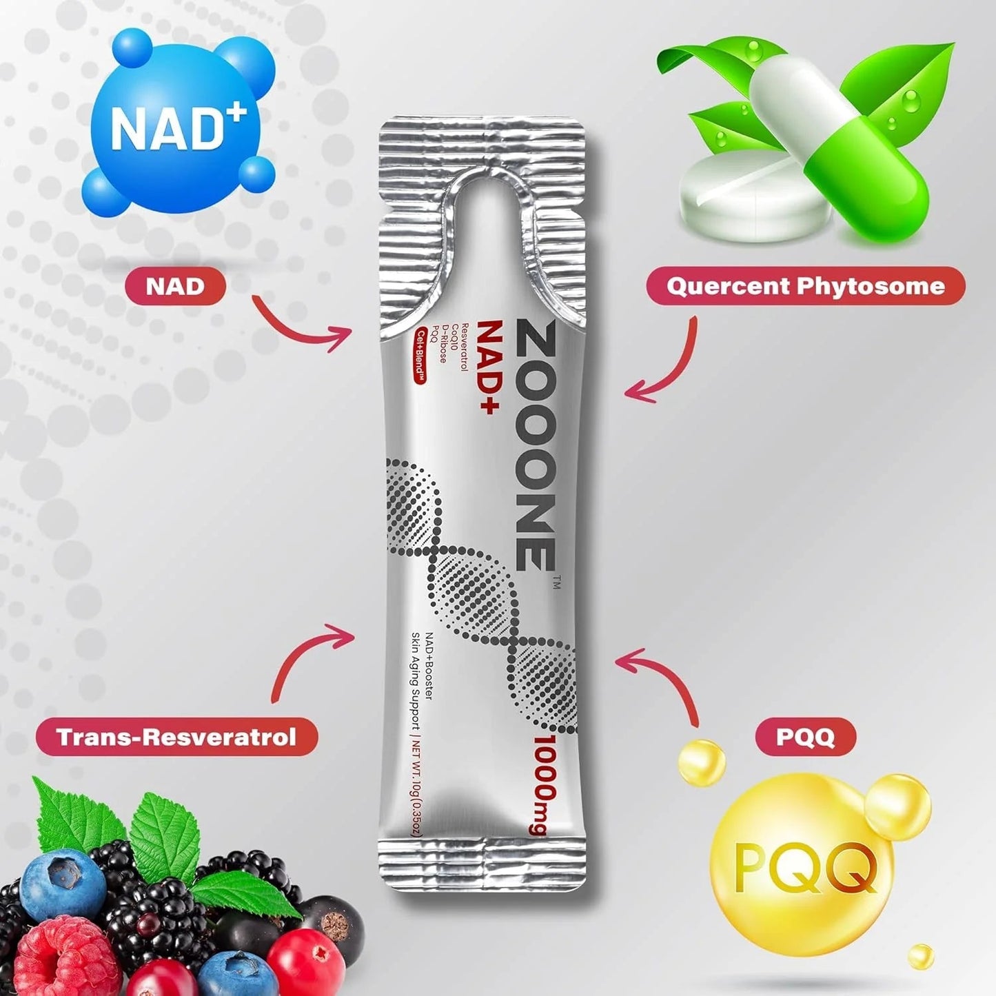 ZOOONE NR1000 NAD+ Drink Mix - Berry Flavor for Cellular Energy, Focus & Skin Aging Support - 30 Pack