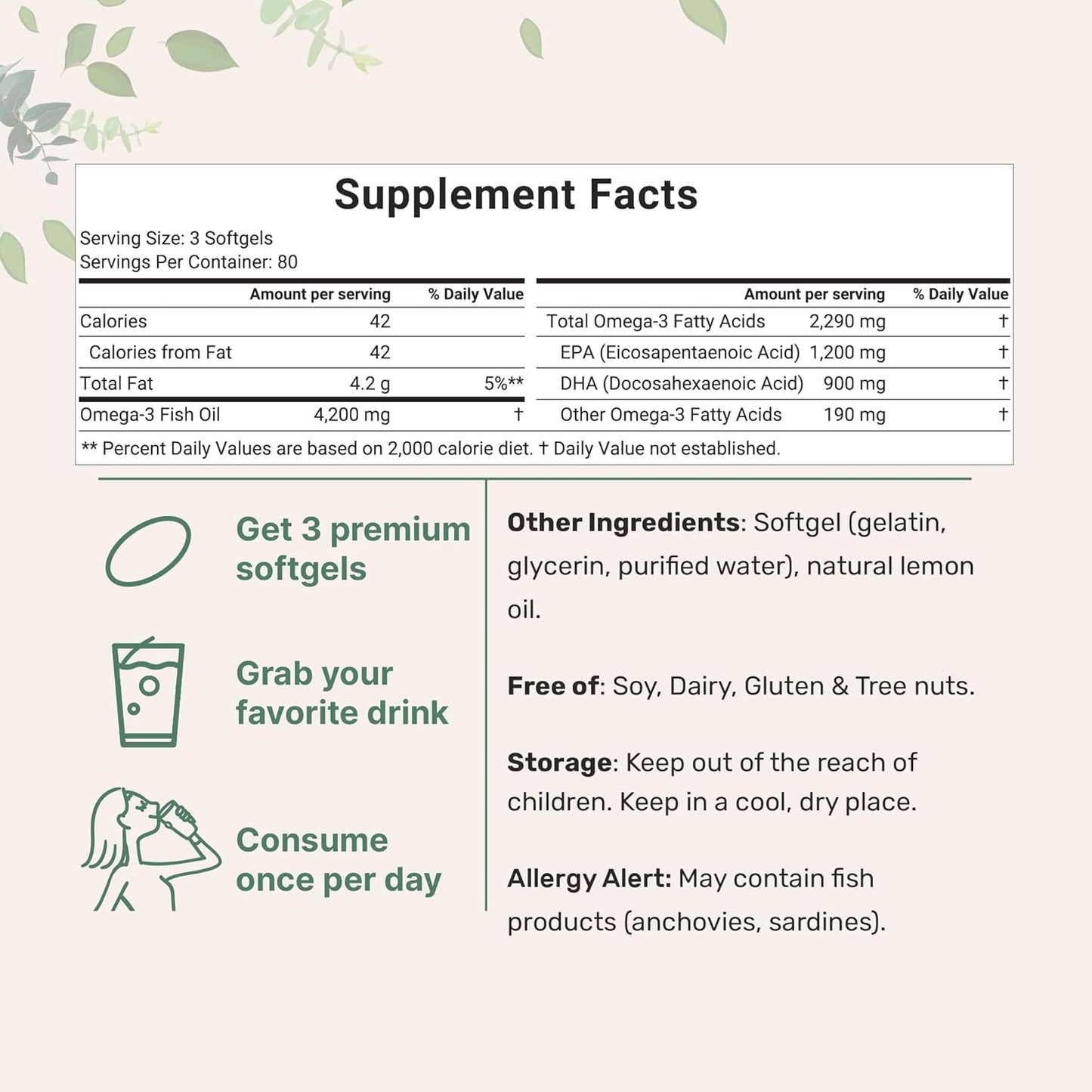 Omega 3 Fish Oil Supplements 4,200mg Per Serving| Lemon Flavored Burpless | EPA 1200mg + DHA 900mg