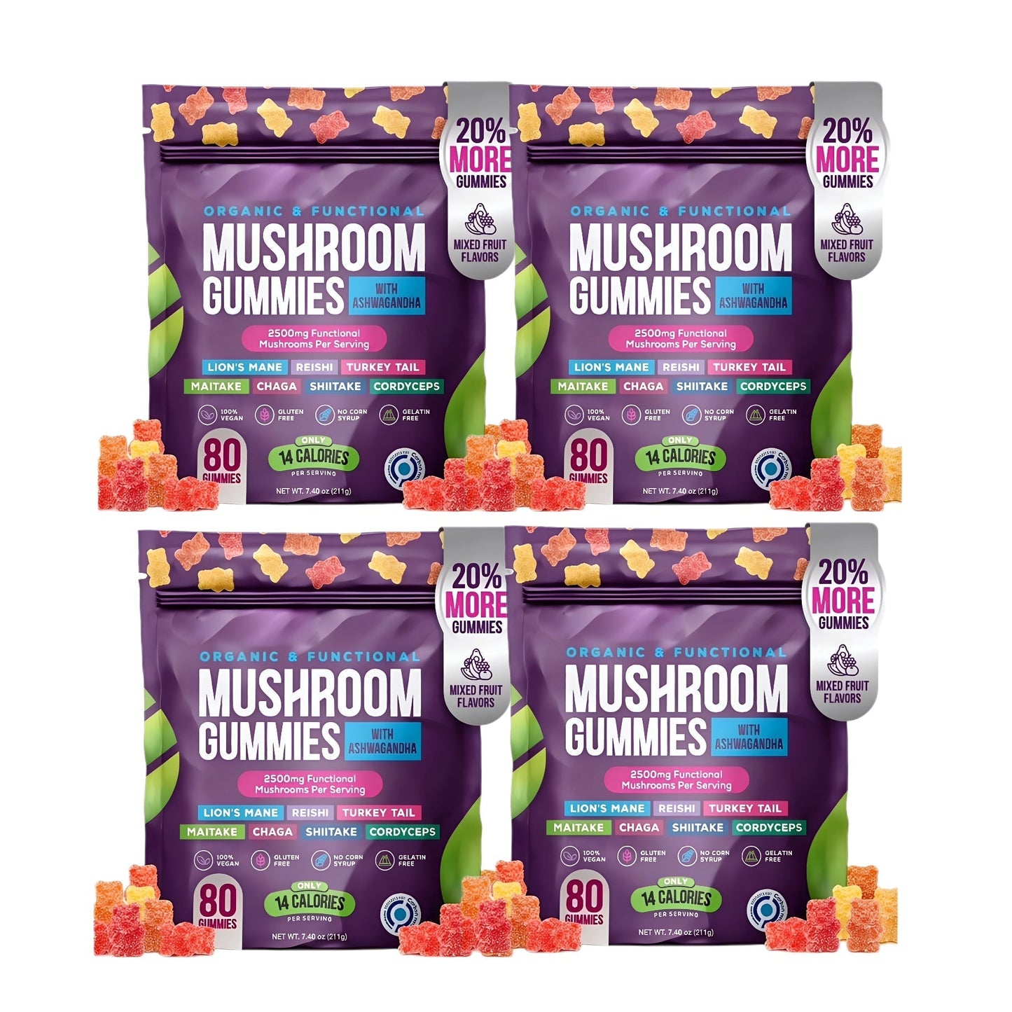 Organic Mushroom Gummies -Lions Mane Mushroom Supplement Gummies- Immune Defense, Boosts Cognitive Performance - 80 Gummies