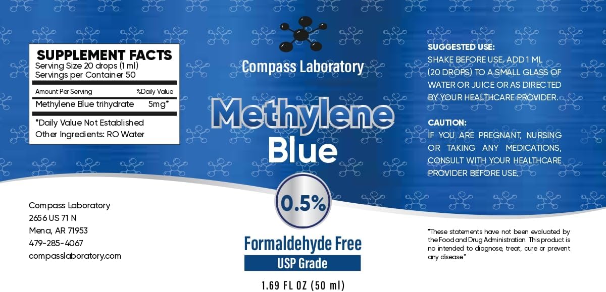 Methylene Blue Pharmaceutical Grade, USP Grade, Third-Party Tested Dietary Supplement for Humans, No Formaldehyde, Made in USA (0.5% 50ml Bottle)-Shop